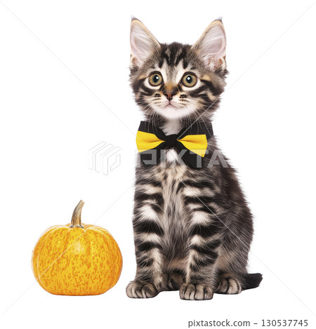 A cute tabby kitten wearing yellow bow tie sits next to small pumpkin, creating charming and festive scene. kitten curious expression adds to playful atmosphere 130537745