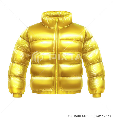 A shiny yellow puffer jacket with high collar and front zipper, designed for warmth and style. glossy finish adds modern touch, making it ideal for cold weather fashion 130537864