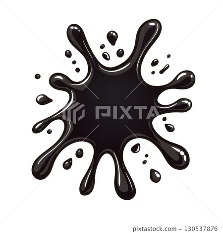 A glossy black ink splash with smooth edges and droplets radiating outward, creating dynamic and artistic effect. splash is isolated on transparency background, emphasizing its bold shape A glossy black ink splash with smooth edges and droplets radiating outward, creating dynamic and artistic effect. splash is isolated on transparency background, emphasizing its bold shape 130537876