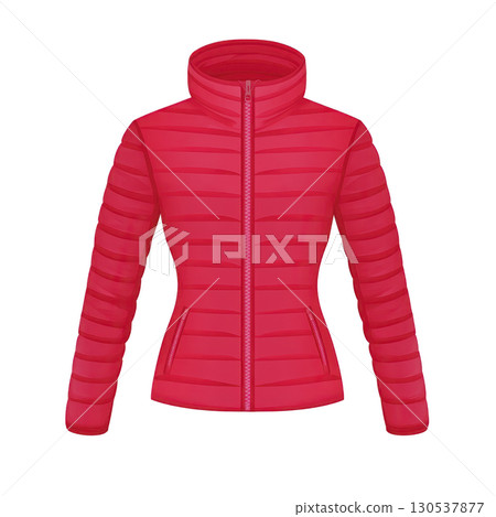 A vibrant red puffer jacket with high collar and zip closure, designed for warmth and style. jacket features horizontal quilting and side pockets, perfect for cold weather A vibrant red puffer jacket with high collar and zip closure, designed for warmth and style. jacket features horizontal quilting and side pockets, perfect for cold weather 130537877
