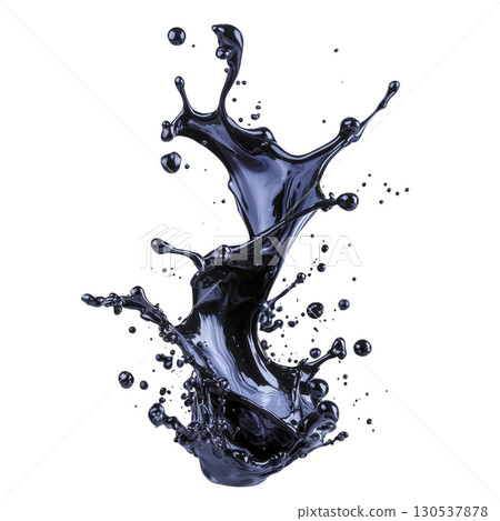 A dynamic splash of dark blue liquid captured mid air, showcasing fluid motion and energy against transparent background. droplets and splashes create artistic and abstract visual 130537878