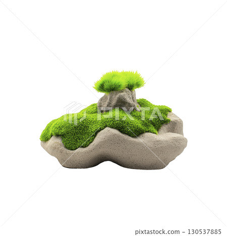 A small, vibrant green moss covered rock with miniature tree on top creates serene and natural scene. lush greenery contrasts with rough texture of stone 130537885