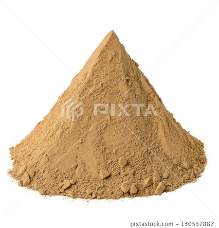 A mound of fine brown powder is neatly piled, resembling small pyramid. texture appears smooth with some coarser particles scattered around, suggesting natural or processed material 130537887