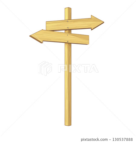 A wooden signpost with two directional arrows pointing in opposite directions, symbolizing choice and decision making. natural wood texture adds rustic feel 130537888