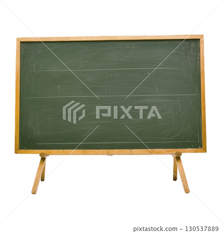 A green chalkboard with wooden frame and stand is displayed, showing faint chalk marks. board is empty, ready for writing or drawing, and evokes sense of nostalgia and learning 130537889