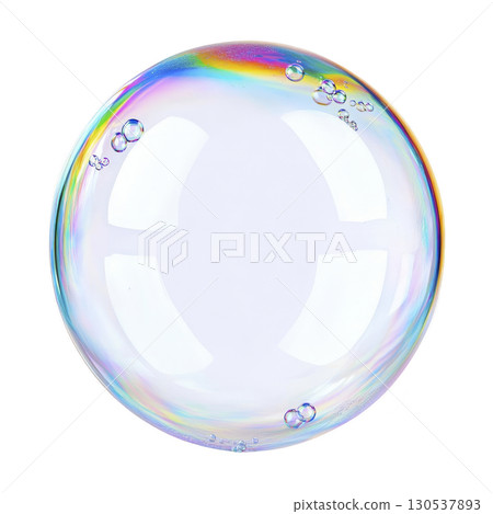 A single, translucent soap bubble with rainbow sheen floats against transparency background, showcasing its delicate and colorful surface 130537893