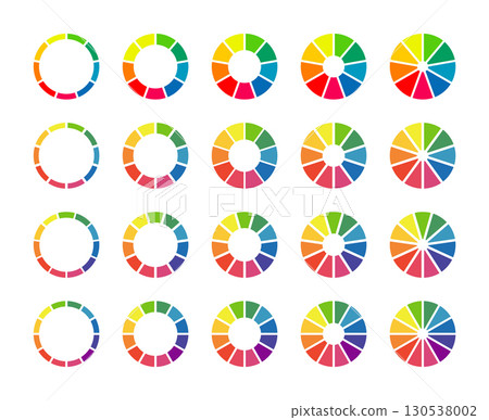 Donut charts, pies segmented on 9, 10, 11, 12 equal parts. Wheels divided in sections. Set of infographic multicoloured diagrams. Circle section minimalist graph. Pizza chart round icons. Loading bar. Donut charts, pies segmented on 9, 10, 11, 12 equal parts. Wheels divided in sections. Set of infographic multicoloured diagrams. Circle section minimalist graph. Pizza chart round icons. Loading bar. 130538002