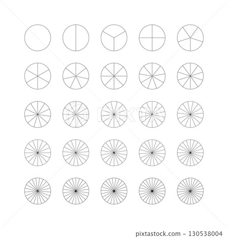 Pie chart template. Segmented pizza charts. Many number of sectors divide the circle on equal parts. Outline black graphics. Segments infographic. Diagram wheel parts. 130538004