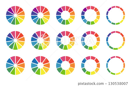 Donut charts, pies segmented on 10, 11, 12 equal parts. Wheels divided in sections. Diagrams infographic multicoloured collection. Circle section minimalist graph. Pizza chart round icon. Loading bar. Donut charts, pies segmented on 10, 11, 12 equal parts. Wheels divided in sections. Diagrams infographic multicoloured collection. Circle section minimalist graph. Pizza chart round icon. Loading bar. 130538007