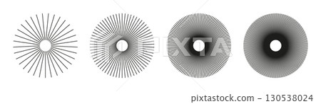 Radial circle lines. Symbol of Sun star rays. Circular lines elements. Set of flat design elements. Spokes with radiating stripes collection. Abstract geometric shapes patterns. Radial circle lines. Symbol of Sun star rays. Circular lines elements. Set of flat design elements. Spokes with radiating stripes collection. Abstract geometric shapes patterns. 130538024