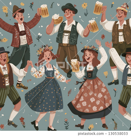 Group of people in traditional dress celebrate Oktoberfest with joy, raising mugs of beer and dancing with cheerful delight during festive event Group of people in traditional dress celebrate Oktoberfest with joy, raising mugs of beer and dancing with cheerful delight during festive event 130538033
