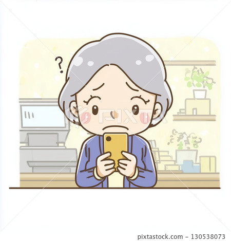 無現金支付資訊海報插圖：一位老婦人不知道如何在便利商店收銀台使用智慧型手機 130538073