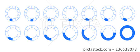 Circles divided diagram 1, 2, 3, 10, 7, 8, 9, 10, 11, 12, 13, 14 equal parts. Graph icon. Pie, pizza shape section charts. Coaching blank blue mockups. Set of segments wheel round divide infographic. 130538078