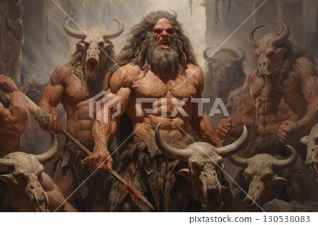Ferocious minotaurs wielding massive battle axes - Generative AI 130538083