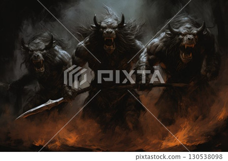 Ferocious minotaurs wielding massive battle axes - Generative AI 130538098