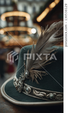 German hat with feather is presented against festive background. Decorative details and soft lighting evoke sense of tradition German hat with feather is presented against festive background. Decorative details and soft lighting evoke sense of tradition 130538129