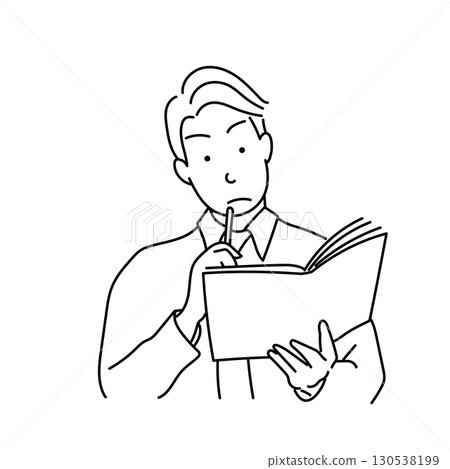 Stock Illustration: Line drawing of a man in a dress shirt holding a notebook and thinking Stock Illustration: Line drawing of a man in a dress shirt holding a notebook and thinking 130538199