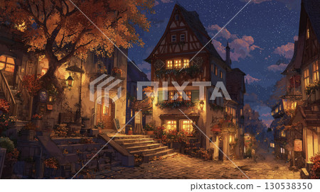 Evening atmosphere in German village brings cozy and inviting feel, perfect for enjoying festivities and embracing warmth of Oktoberfest 130538350