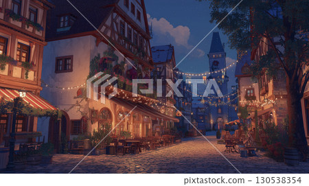 German village Oktoberfest cozy evening atmosphere building town night shows serene charm of traditional village celebration under starlit sky 130538354