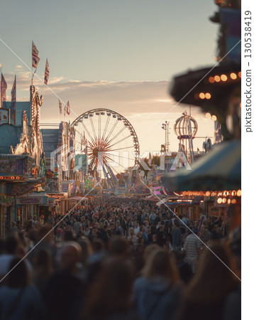 Crowd enjoys lively Oktoberfest atmosphere during golden hour, feeling festive and cheerful with soft light illuminating fairground 130538419