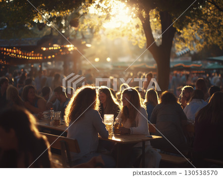 Golden hour scene with soft light and happy people. atmosphere feels festive and warm, making everyone excited to celebrate together 130538570