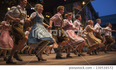 Group of people in dirndl and lederhosen joyfully dance together, celebrating traditional festival, feeling music and having fun 130538572