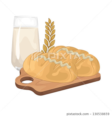 Illustration of Bread with a glass of milk Illustration of Bread with a glass of milk 130538659