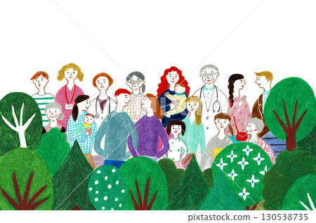 Hand-drawn illustration of a smiling group of local doctors and residents of various generations supporting each other Hand-drawn illustration of a smiling group of local doctors and residents of various generations supporting each other 130538735