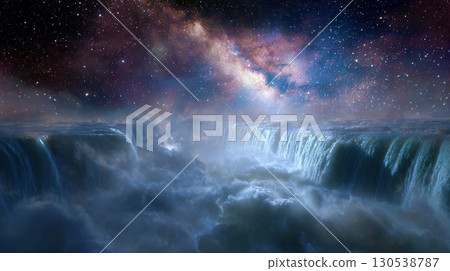 A beautiful starry sky and a majestic waterfall 130538787