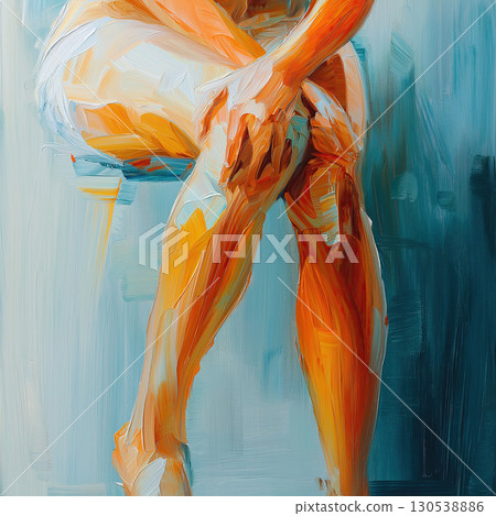 Painted abstract representation of person holding their knee, conveying sense of pain and discomfort 130538886