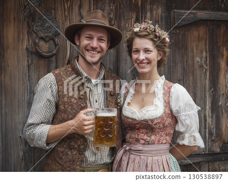 Bavarian couple in traditional outfit toast with beer. Man and woman look happy while holding beer glasses in front of rustic wooden door. Enjoying tradition together 130538897