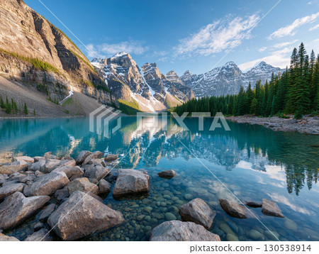 Snowy mountain and calm lake with pine forest reflection and morning fog panoramic nature landscape 130538914