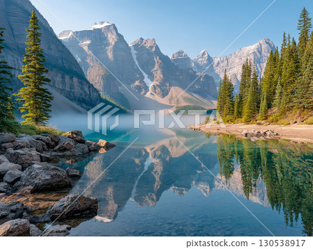 Snowy mountain and calm lake with pine forest reflection and morning fog panoramic nature landscape 130538917