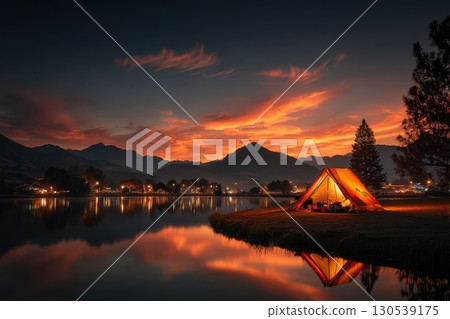 Scenic Camping Tent Set Up by Tranquil Lake with Reflecting Sunset Sky and Mountains 130539175