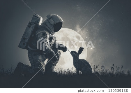 Astronaut Kneeling to Feed Creature on Martian Landscape at Night 130539188