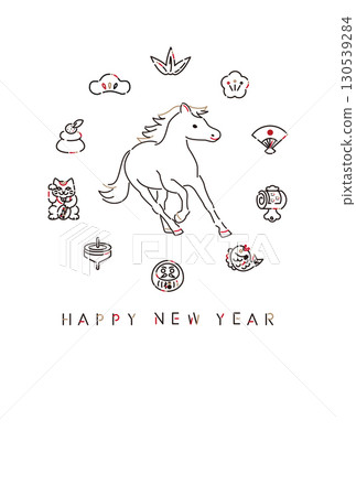 新年快樂馬圈畫圖示新年賀卡 3 條彩色線水平 130539284