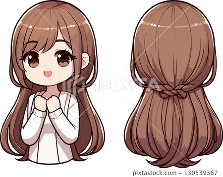 Illustration of a woman with a hairstyle, front and back view Illustration of a woman with a hairstyle, front and back view 130539367