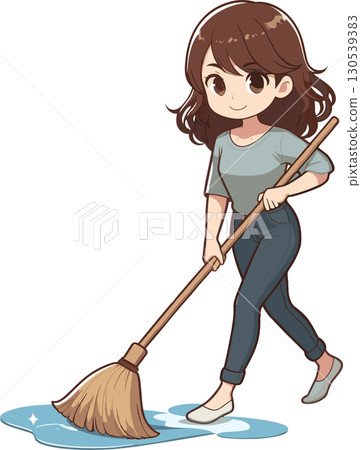 一位女士用水擦地板的插圖 130539383