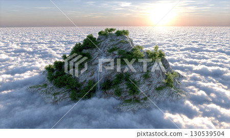 Sunrise sky island mountain above sea of clouds with green trees and waterfall fantasy landscape 130539504