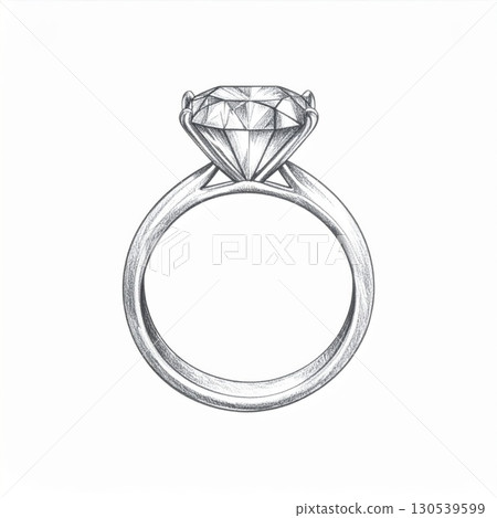 Diamond Ring Illustration Detailed Sketch of a Gemstone in Silver Metal and White Background Diamond Ring Illustration Detailed Sketch of a Gemstone in Silver Metal and White Background 130539599