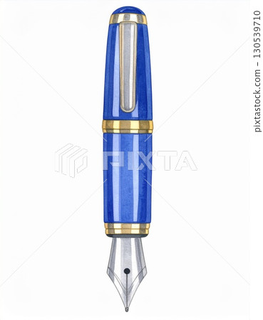 Elegant Blue and Gold Fountain Pen with Silver Nib Isolated on White Background 130539710