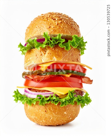 Stacked Burger with Beef Cheese Lettuce Tomato and Pickles on White Background 130539725