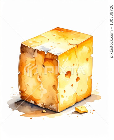 Watercolor Painting of a Block of Yellow Cheese on White Background 130539726