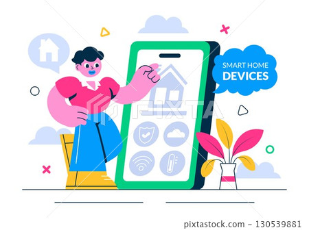 Smart Home Devices Vector Illustration featuring Home Automation Controlled via Smartphone with an Integrated System of Electronics in a Background Smart Home Devices Vector Illustration featuring Home Automation Controlled via Smartphone with an Integrated System of Electronics in a Background 130539881