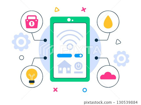 Smart Home Devices Vector Illustration featuring Home Automation Controlled via Smartphone with an Integrated System of Electronics in a Background Smart Home Devices Vector Illustration featuring Home Automation Controlled via Smartphone with an Integrated System of Electronics in a Background 130539884