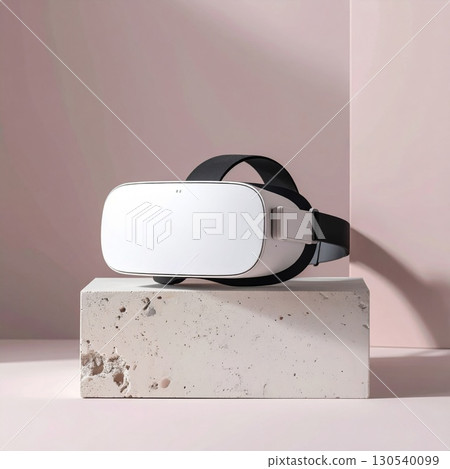 White Virtual Reality Headset on Concrete Block against Soft Pink Background 130540099
