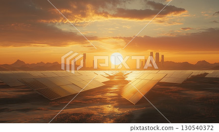Solar panels in desert landscape reflect warm glow of vibrant sunrise, with distant city skyscrapers silhouetted against sky 130540372