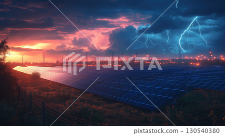 Solar farm under dramatic sky with lightning and vibrant sunset colors creates striking contrast Solar farm under dramatic sky with lightning and vibrant sunset colors creates striking contrast 130540380