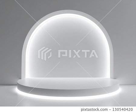 Minimalist White Podium with Luminous Archway in a Bright Studio Setting 130540420