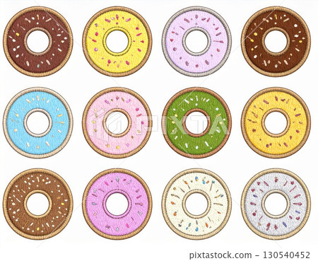 Assorted Colorful Doughnuts with Sprinkles on White Background with Textured Design 130540452